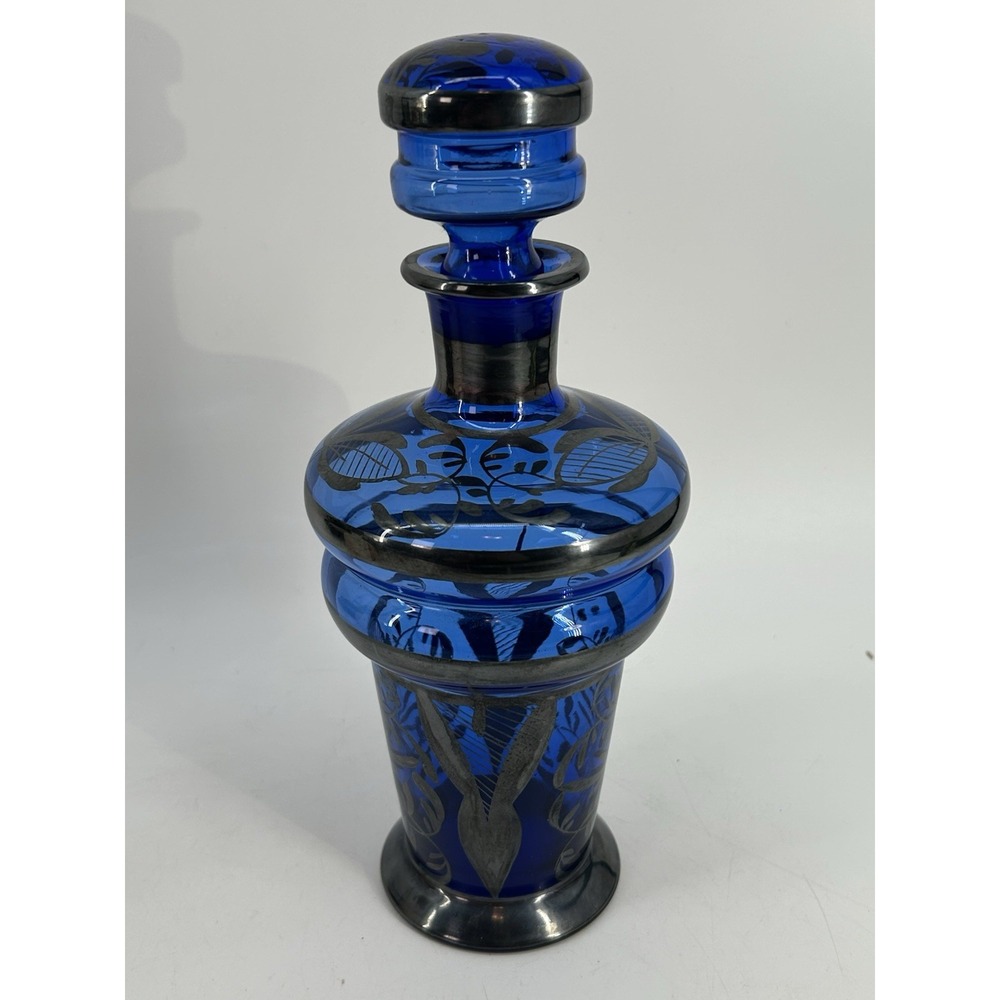 Vintage Hand Blown Italian Cobalt Blue Glass Decanter Silver Overlay